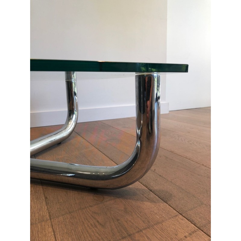 Table Basse Moderniste à Piètement en X Chromé et Verre Octogonal, France vers 1970