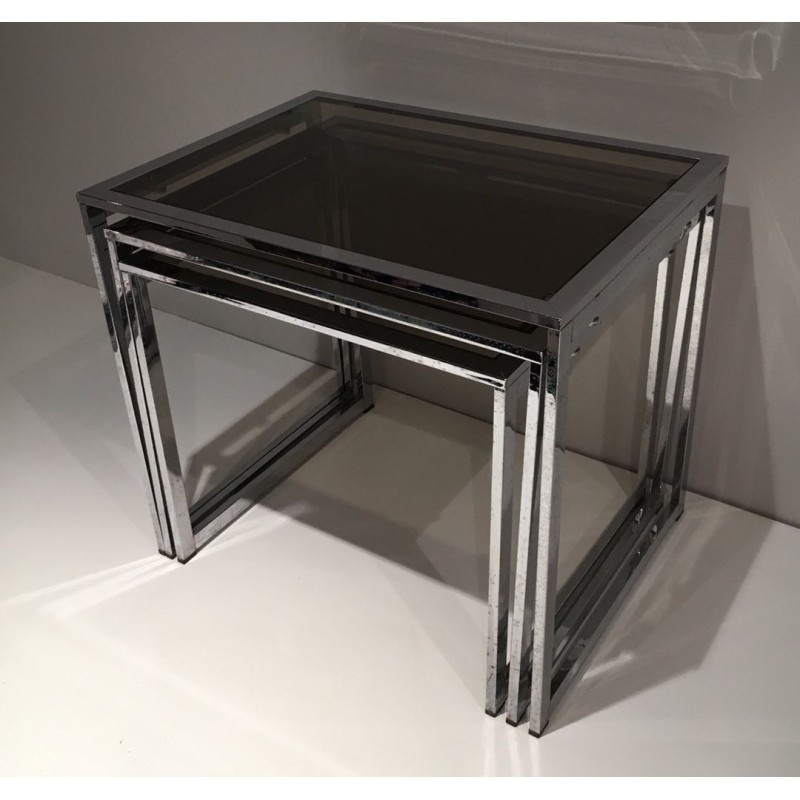 Suite de Trois Tables Gigognes en Chrome et Verre Fumé, France vers 1970