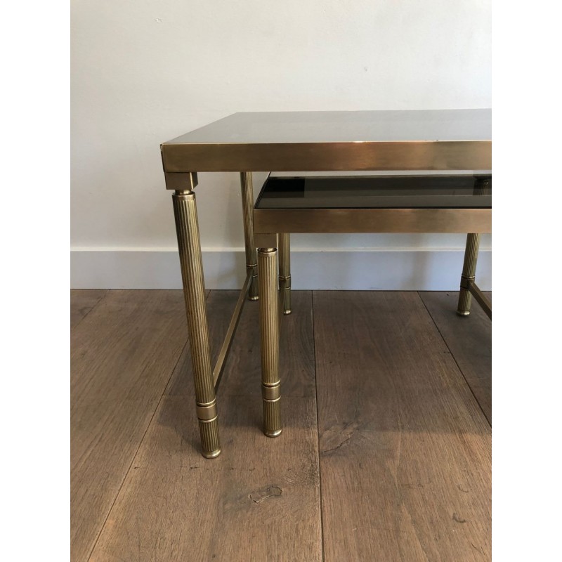 Table Basse et Deux Tables Gigognes en Laiton et Verre Fumé, France vers 1970