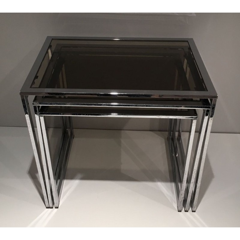 Set of Three Nesting Tables in Chrome and Smoked Glass, France circa 1970