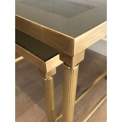 Table Basse et Deux Tables Gigognes en Laiton et Verre Fumé, France vers 1970