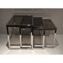 Set of Three Nesting Tables in Chrome and Smoked Glass, France circa 1970