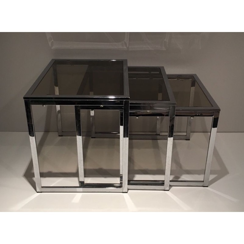 Suite de Trois Tables Gigognes en Chrome et Verre Fumé, France vers 1970