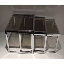 Suite de Trois Tables Gigognes en Chrome et Verre Fumé, France vers 1970
