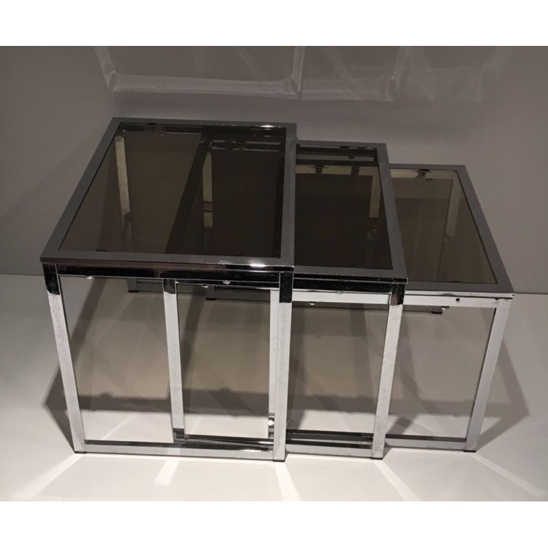 Suite de Trois Tables Gigognes en Chrome et Verre Fumé, France vers 1970