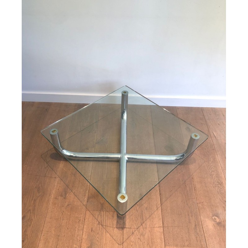 Table Basse Moderniste à Piètement en X Chromé et Verre Octogonal, France vers 1970