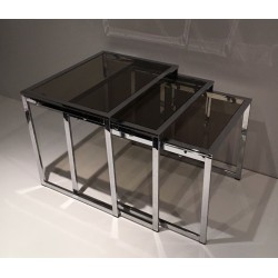 Suite de Trois Tables Gigognes en Chrome et Verre Fumé, France vers 1970