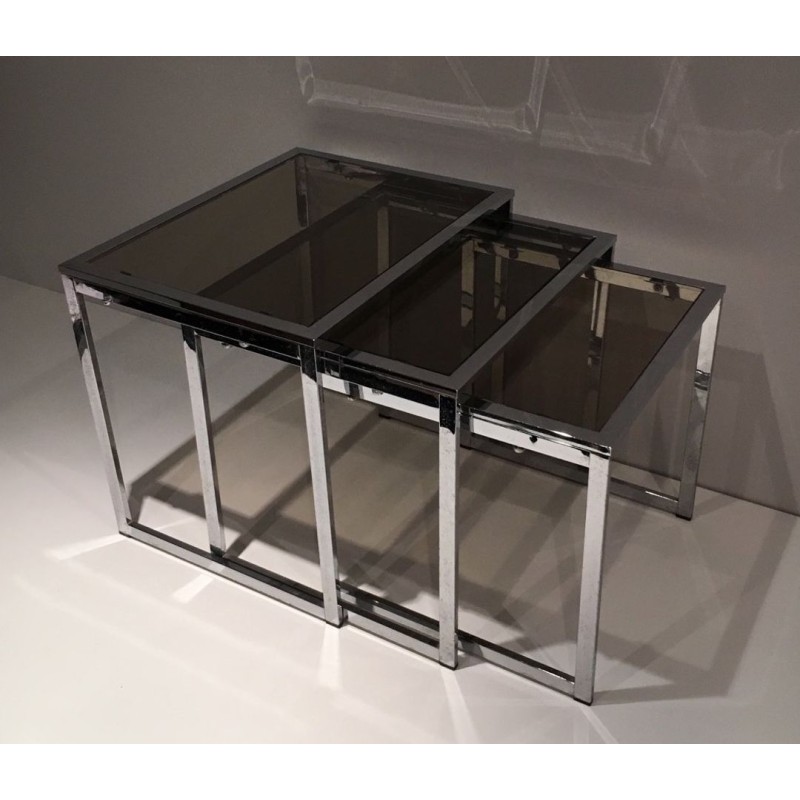 Suite de Trois Tables Gigognes en Chrome et Verre Fumé, France vers 1970