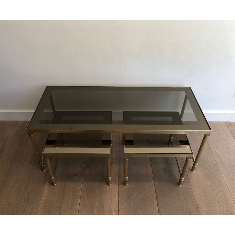 Table Basse et Deux Tables Gigognes en Laiton et Verre Fumé, France vers 1970