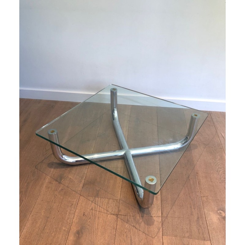 Table Basse Moderniste à Piètement en X Chromé et Verre Octogonal, France vers 1970