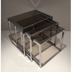 Set of Three Nesting Tables in Chrome and Smoked Glass, France circa 1970