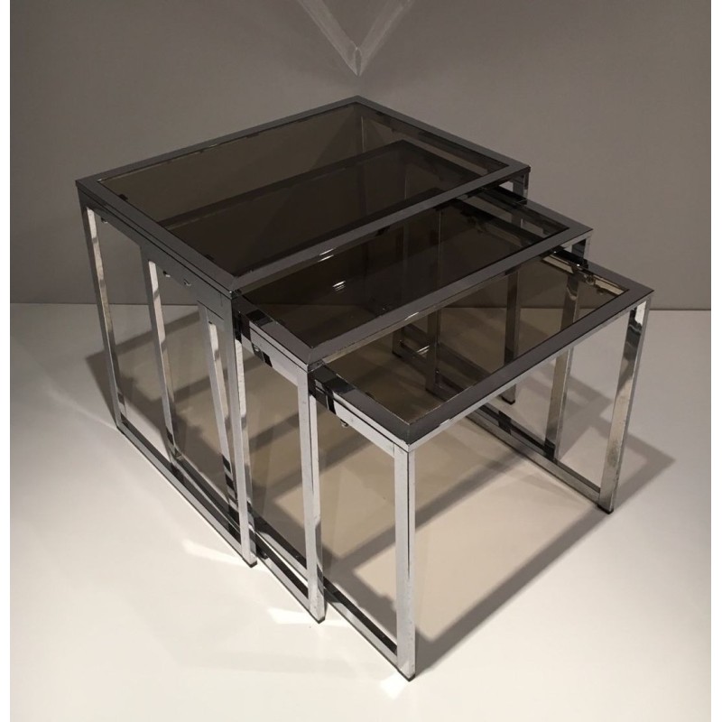 Suite de Trois Tables Gigognes en Chrome et Verre Fumé, France vers 1970