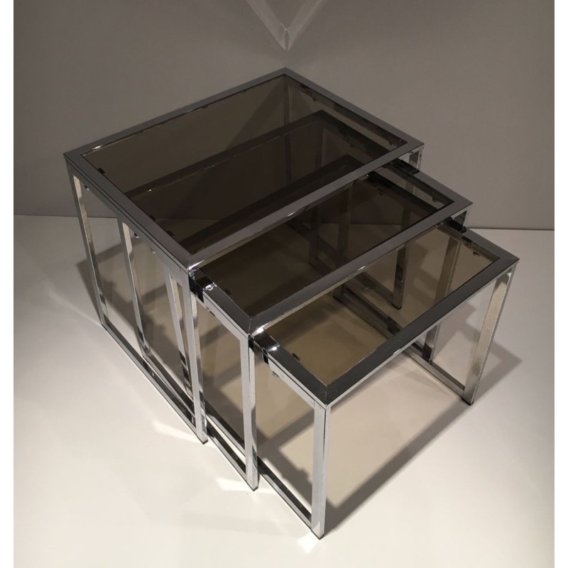 Set of Three Nesting Tables in Chrome and Smoked Glass, France circa 1970