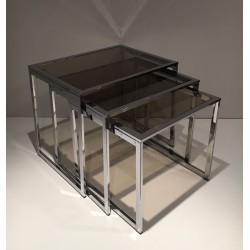 Set of Three Nesting Tables in Chrome and Smoked Glass, France circa 1970