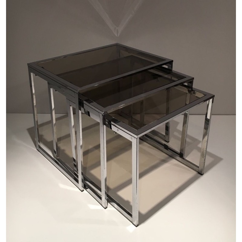 Suite de Trois Tables Gigognes en Chrome et Verre Fumé, France vers 1970
