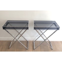 Paire de Tables-Plateaux en Plexiglass Fumé sur Pieds en X Chromé, France vers 1970