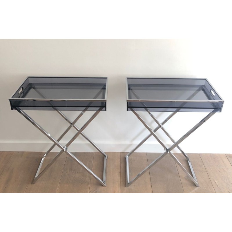 Paire de Tables-Plateaux en Plexiglass Fumé sur Pieds en X Chromé, France vers 1970