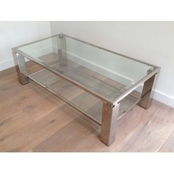 Two-Tier Modernist Chrome & Glass Coffee Table, France circa 1970