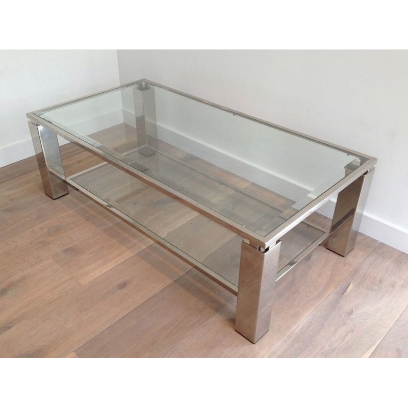 Table Basse Moderniste Biétagère, Chrome et Verre, France vers 1970