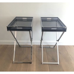 Paire de Tables-Plateaux en Plexiglass Fumé sur Pieds en X Chromé, France vers 1970