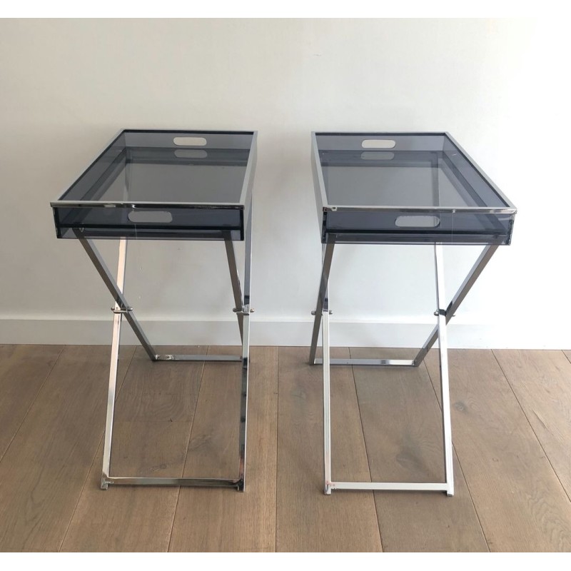 Paire de Tables-Plateaux en Plexiglass Fumé sur Pieds en X Chromé, France vers 1970
