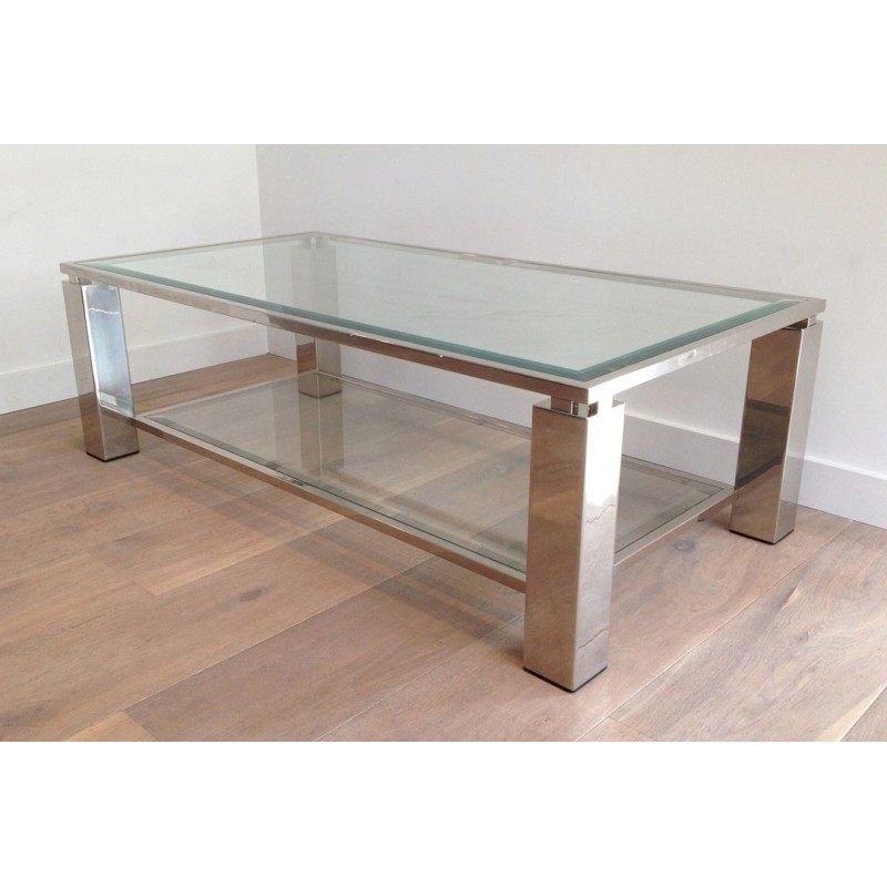 Table Basse Moderniste Biétagère, Chrome et Verre, France vers 1970
