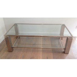 Table Basse Moderniste Biétagère, Chrome et Verre, France vers 1970
