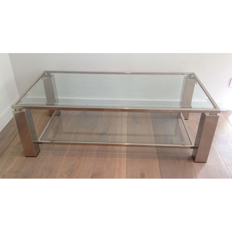 Table Basse Moderniste Biétagère, Chrome et Verre, France vers 1970