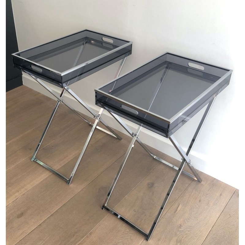 Paire de Tables-Plateaux en Plexiglass Fumé sur Pieds en X Chromé, France vers 1970