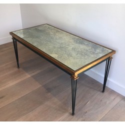 Painted Steel & Gilt Coffee Table with Antique Mirror Top, in the Style of Jacques Quinet, France c.1940