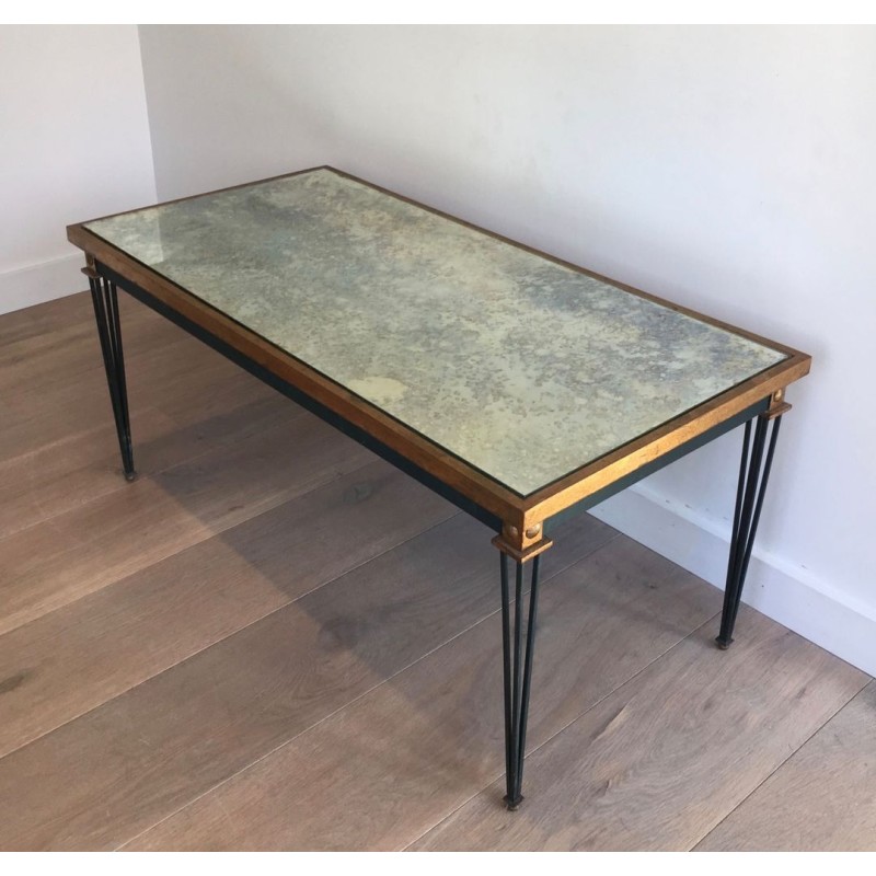 Table Basse en Acier Patiné et Doré à Plateau Miroir Ancien, dans le Goût de Jacques Quinet, vers 1940
