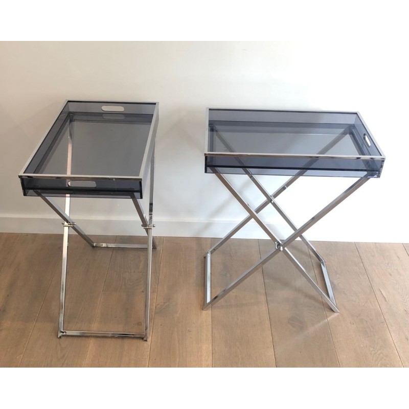 Paire de Tables-Plateaux en Plexiglass Fumé sur Pieds en X Chromé, France vers 1970