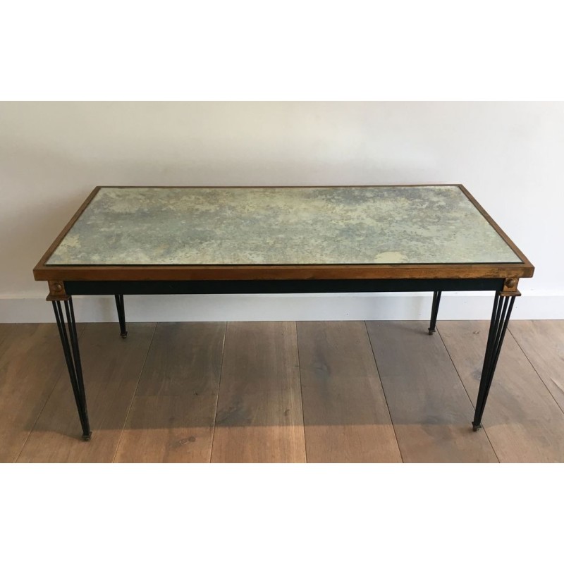 Table Basse en Acier Patiné et Doré à Plateau Miroir Ancien, dans le Goût de Jacques Quinet, vers 1940