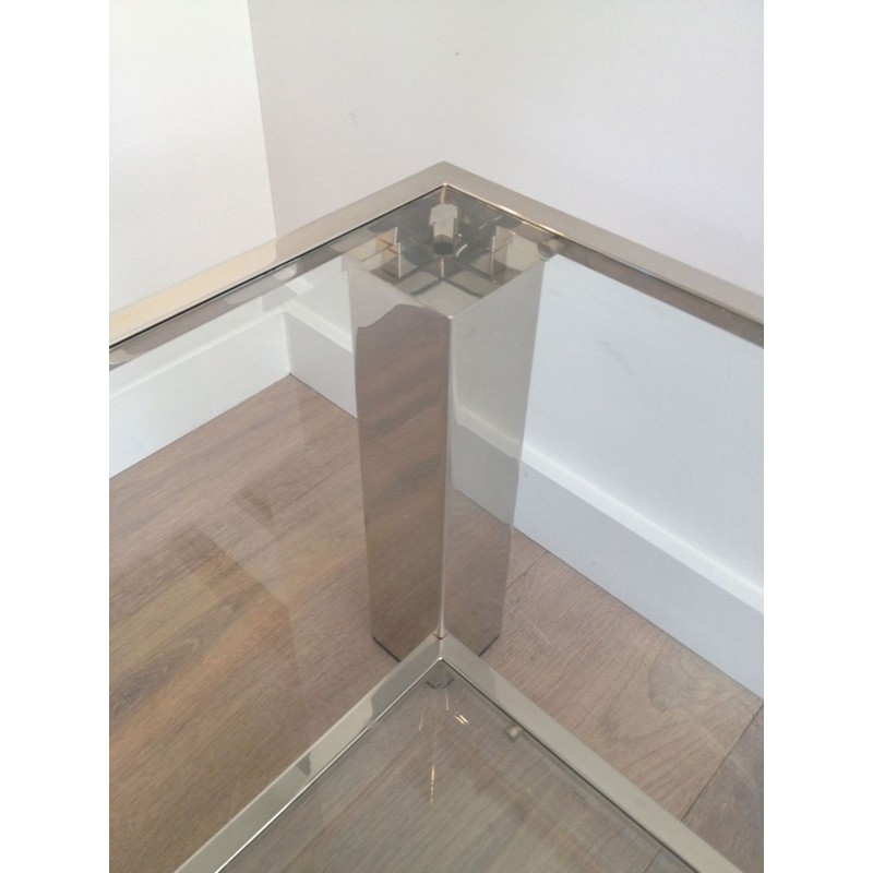 Table Basse Moderniste Biétagère, Chrome et Verre, France vers 1970