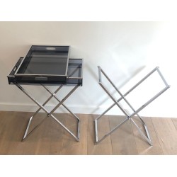 Paire de Tables-Plateaux en Plexiglass Fumé sur Pieds en X Chromé, France vers 1970