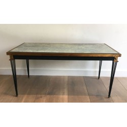 Table Basse en Acier Patiné et Doré à Plateau Miroir Ancien, dans le Goût de Jacques Quinet, vers 1940