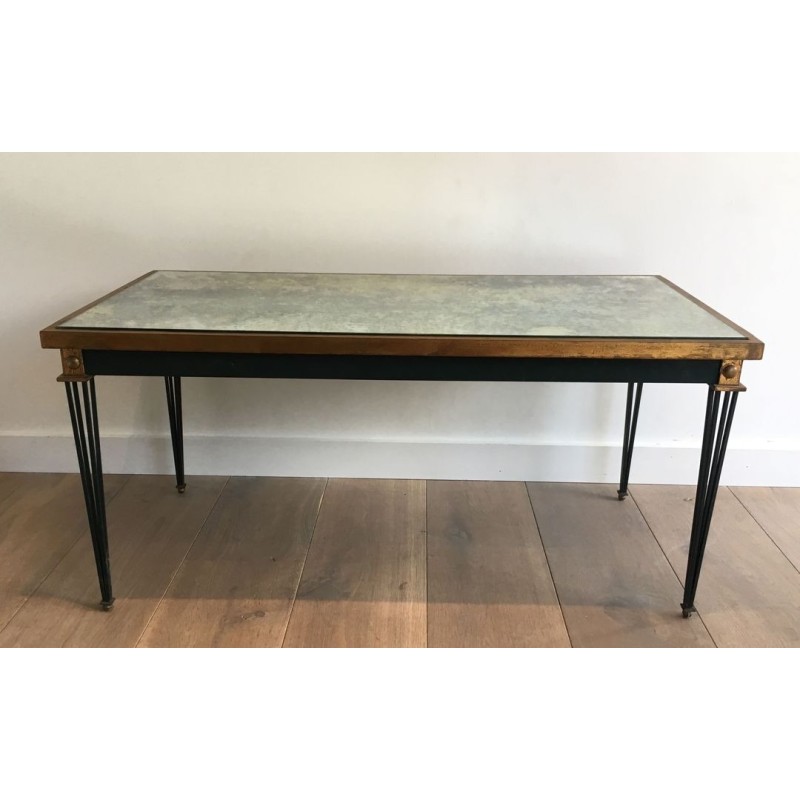 Table Basse en Acier Patiné et Doré à Plateau Miroir Ancien, dans le Goût de Jacques Quinet, vers 1940