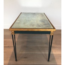 Table Basse en Acier Patiné et Doré à Plateau Miroir Ancien, dans le Goût de Jacques Quinet, vers 1940