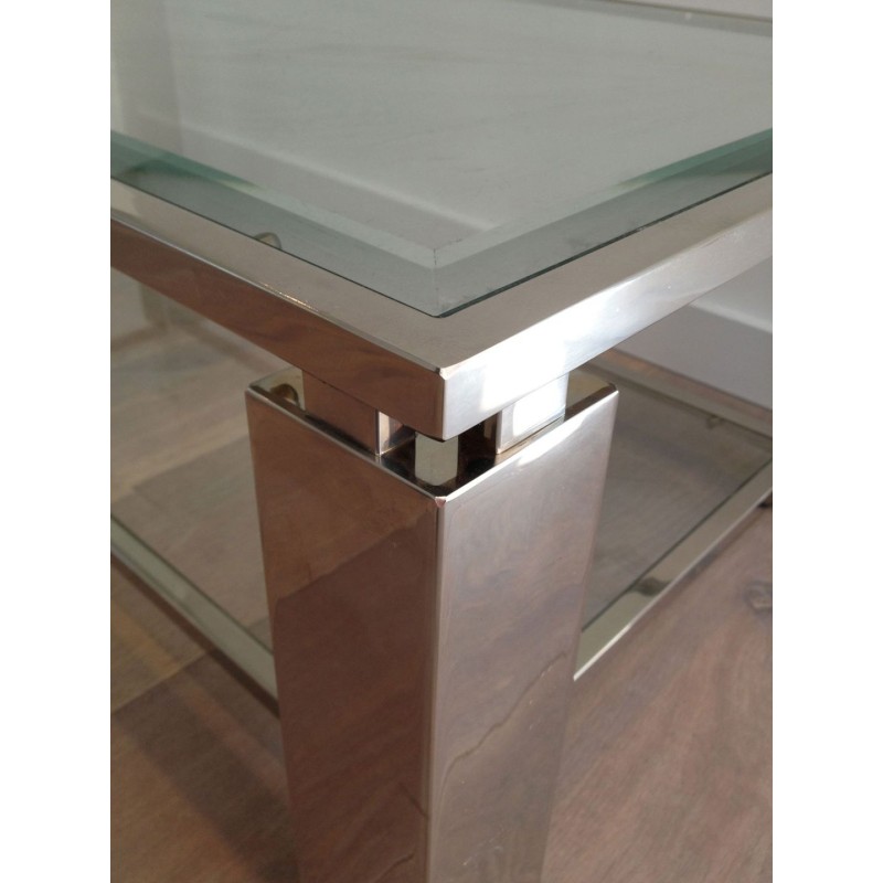 Table Basse Moderniste Biétagère, Chrome et Verre, France vers 1970