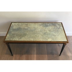 Table Basse en Acier Patiné et Doré à Plateau Miroir Ancien, dans le Goût de Jacques Quinet, vers 1940