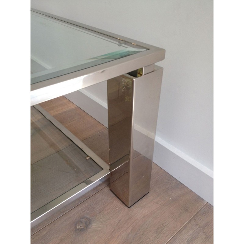 Table Basse Moderniste Biétagère, Chrome et Verre, France vers 1970