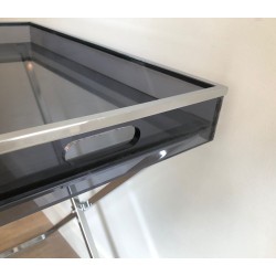 Paire de Tables-Plateaux en Plexiglass Fumé sur Pieds en X Chromé, France vers 1970