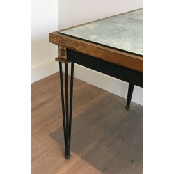 Table Basse en Acier Patiné et Doré à Plateau Miroir Ancien, dans le Goût de Jacques Quinet, vers 1940