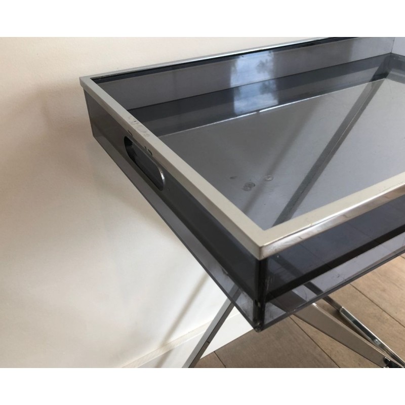Paire de Tables-Plateaux en Plexiglass Fumé sur Pieds en X Chromé, France vers 1970