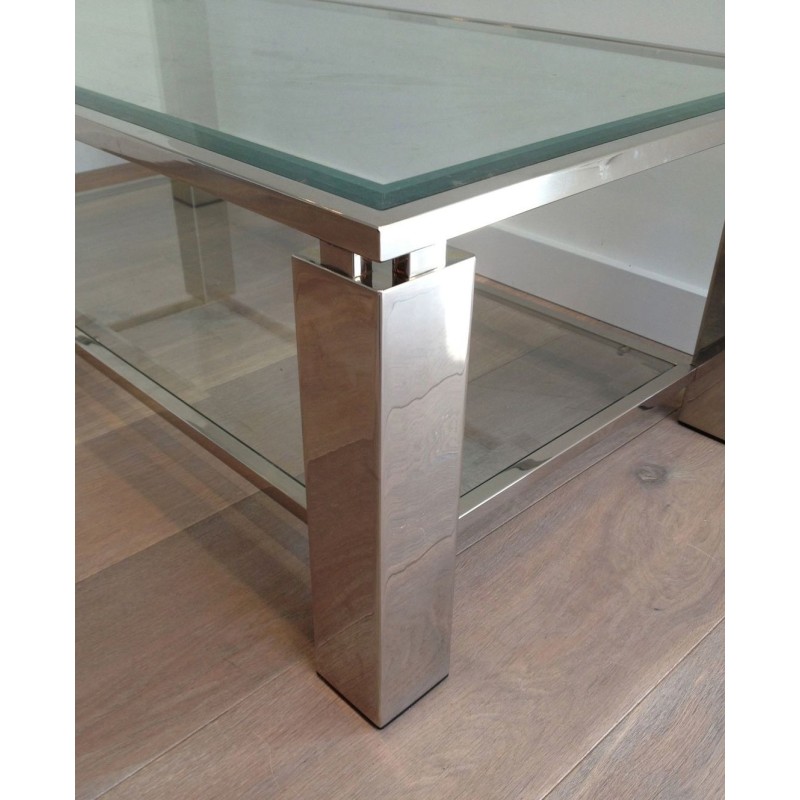Table Basse Moderniste Biétagère, Chrome et Verre, France vers 1970
