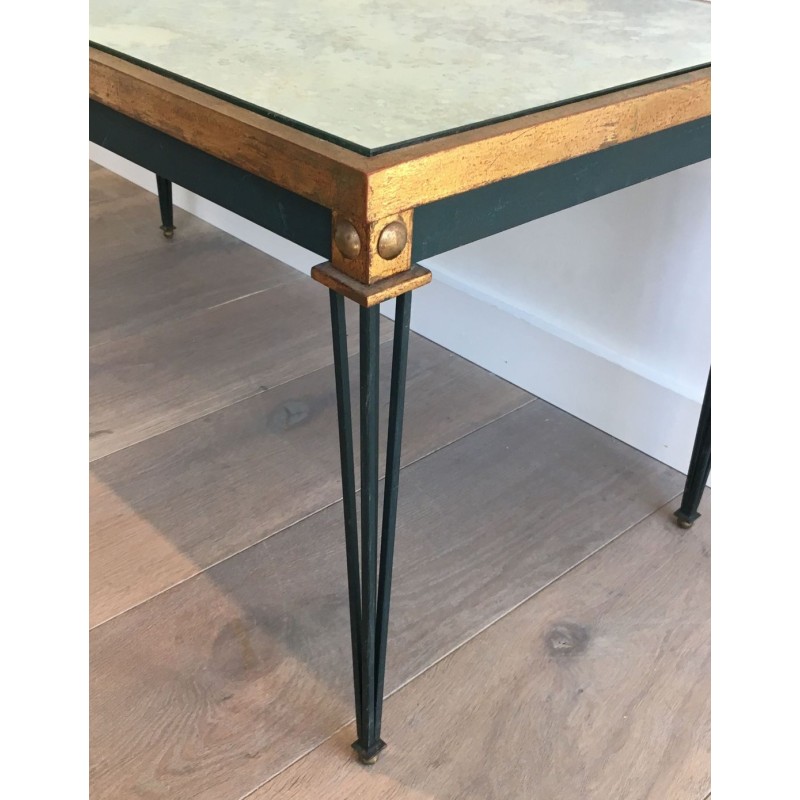 Table Basse en Acier Patiné et Doré à Plateau Miroir Ancien, dans le Goût de Jacques Quinet, vers 1940