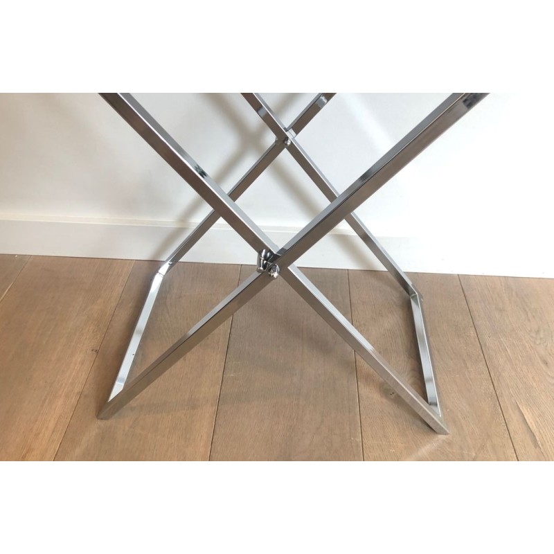 Paire de Tables-Plateaux en Plexiglass Fumé sur Pieds en X Chromé, France vers 1970