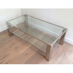 Table Basse Moderniste Biétagère, Chrome et Verre, France vers 1970