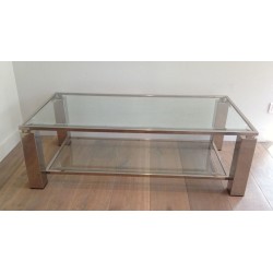 Table Basse Moderniste Biétagère, Chrome et Verre, France vers 1970