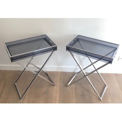 Paire de Tables-Plateaux en Plexiglass Fumé sur Pieds en X Chromé, France vers 1970